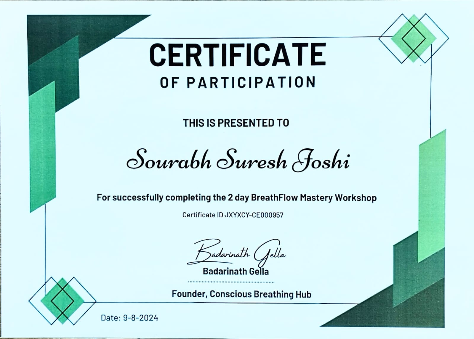 BreathFlow Mastery Workshop certificate
